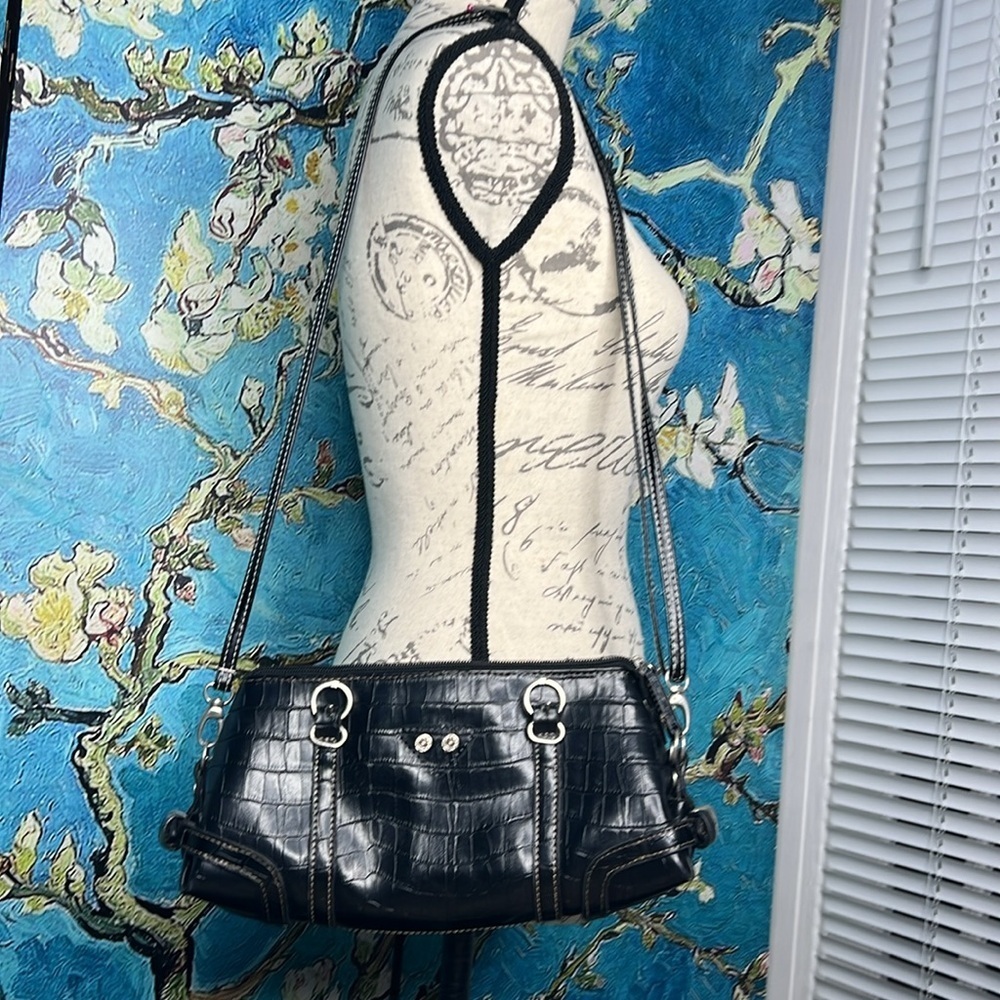 Small Black faux crocodile, purse with long strap for versatility!
